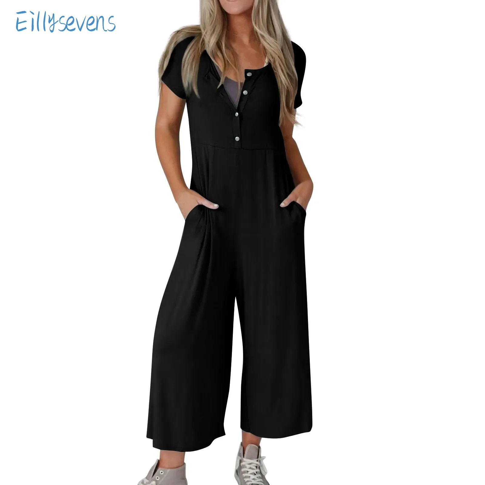 Women'S Casual Jumpsuits Spring Summer Short-Sleeved Button Jumpsuits Solid Color Loose Straight Cropped Rompers With Pockets