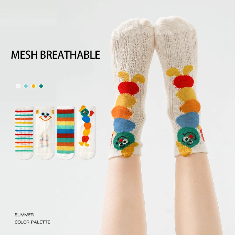 4 Paar Mesh-Socken für Kinder und Mädchen in der Mitte der Wade, Cartoon-Raupenmuster, schöne, atmungsaktive, bequeme, gestreifte Socken für Jungen und Kinder