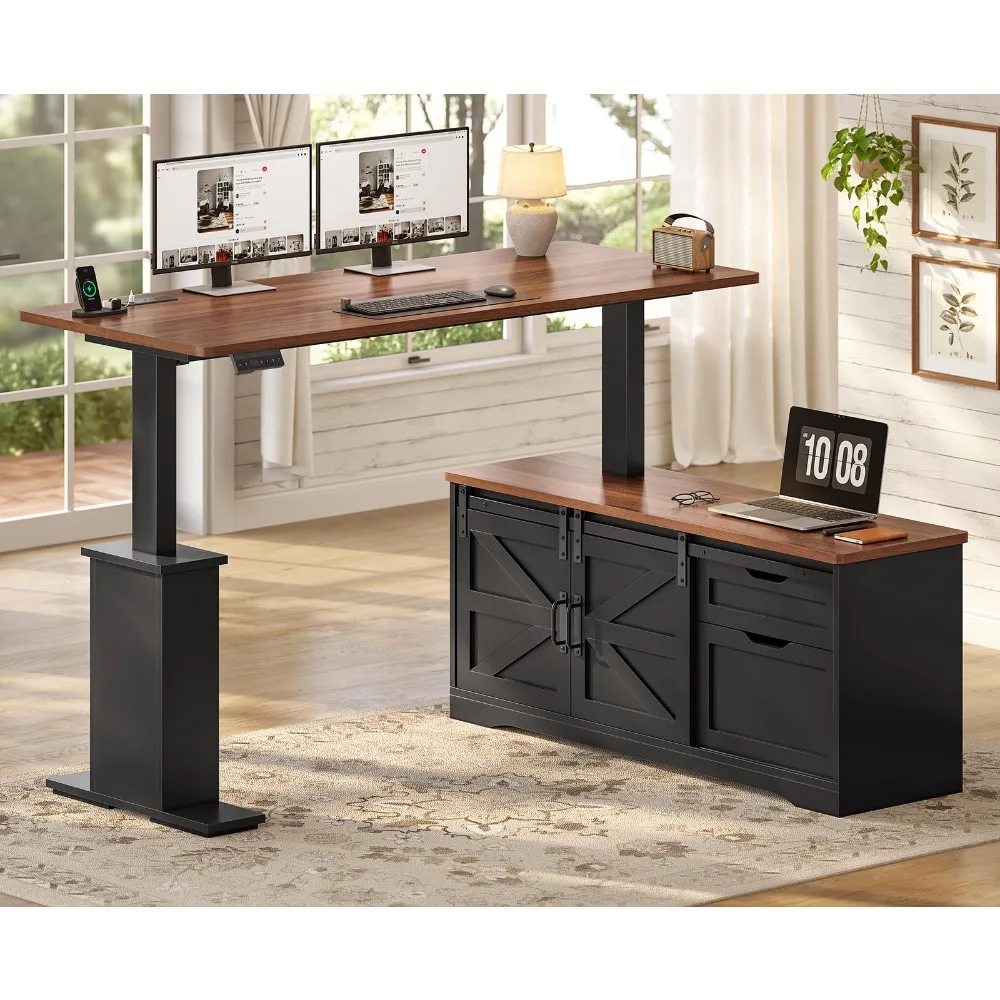 Farmhouse L Shaped Executive Standing Desk with Storage Drawers