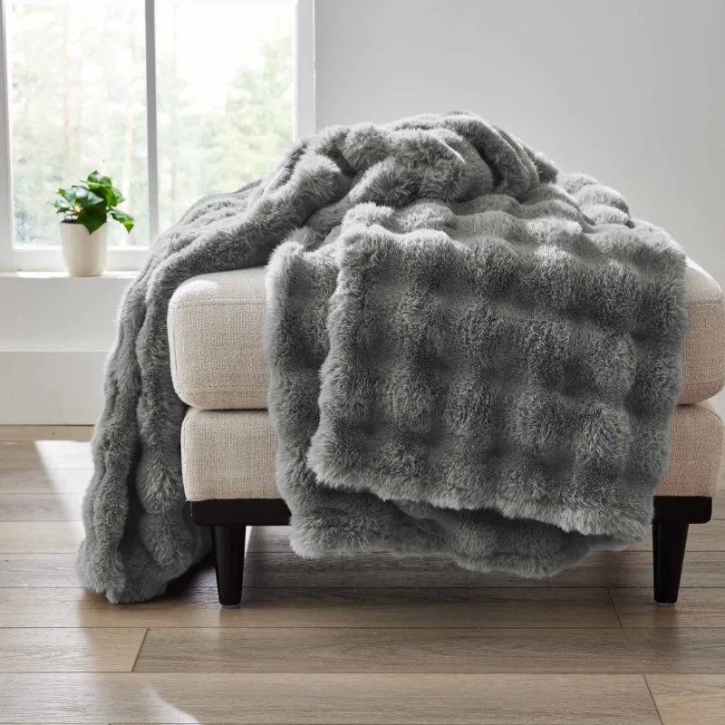 

Grey Bubble Faux Fur Throw, 50"x72",Reversible,Made with Recycled Polyester,Easy Machine Wash