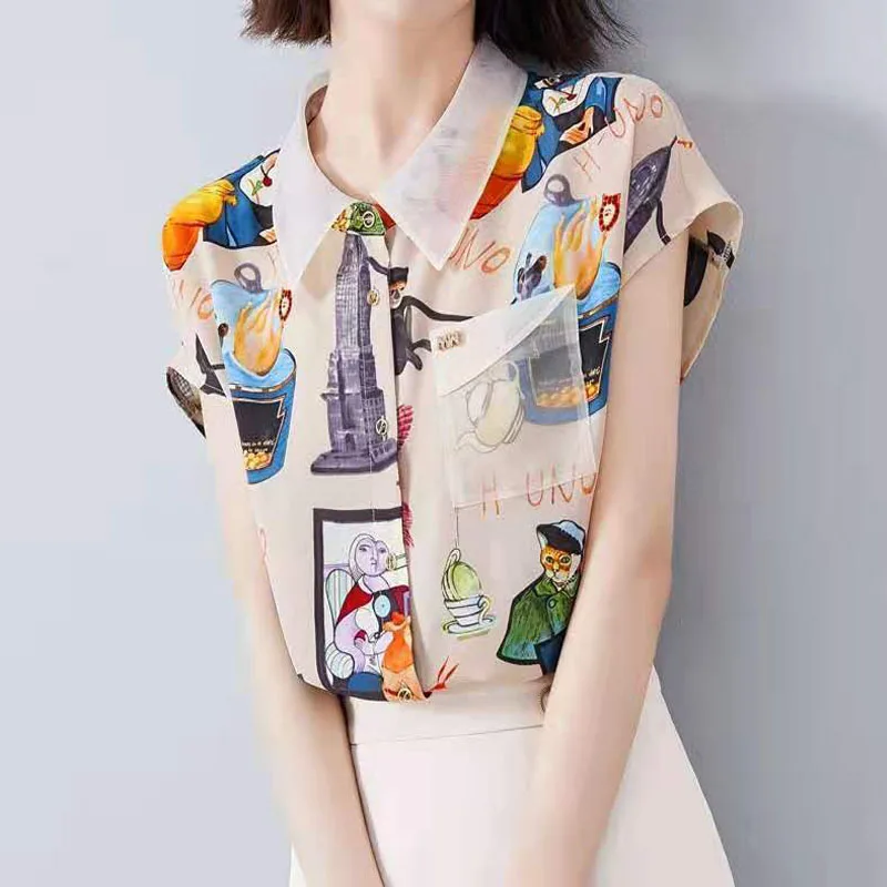 Woman\'s Cartoon Printed Button Blouses Summer New Fashion Female Clothing Short Sleeve Casual Polo-Neck Patchwork Chiffon Shirt