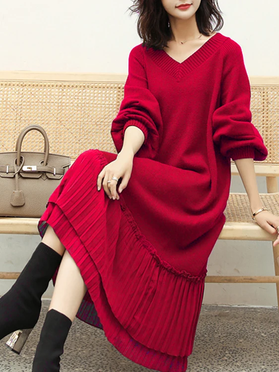 

plus Size Autumn Winter V-Neck Knitted Dress Slimming A-Line Skirt Belly Covering Long Dress for plus Size Women in Red