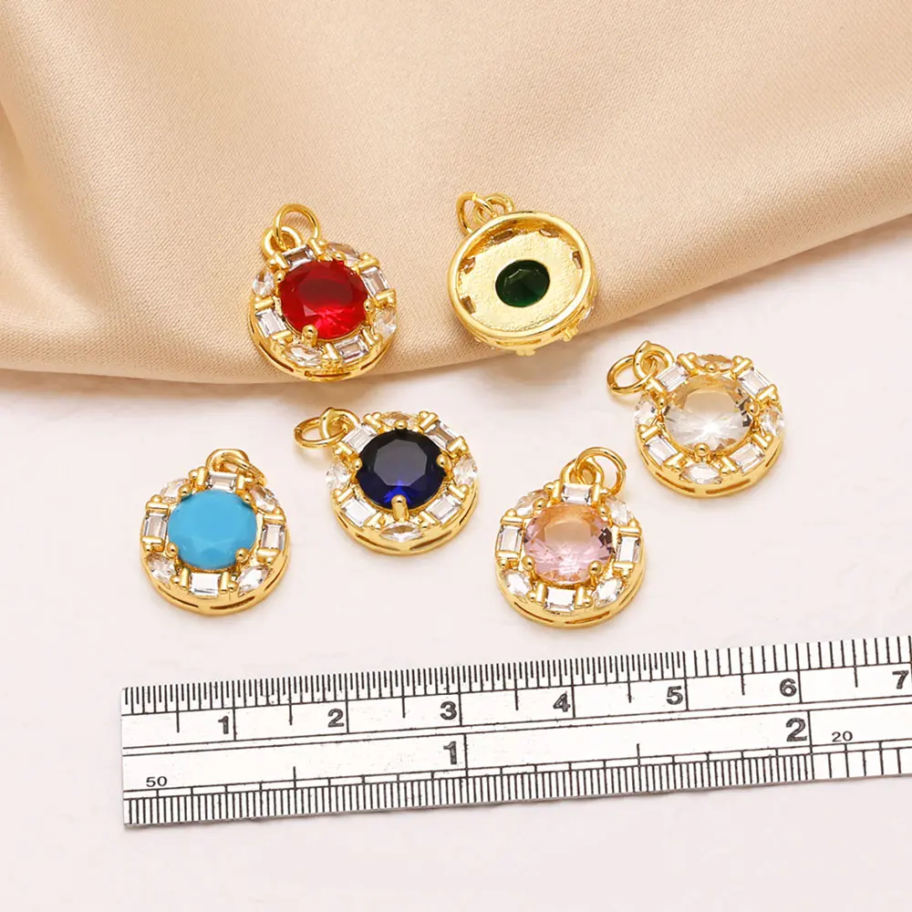 OCESRIO Gold Plated Copper Vintage Round Pendant Baguette Cubic Zirconia Crystal Charms for Necklace Jewelry Making chma606