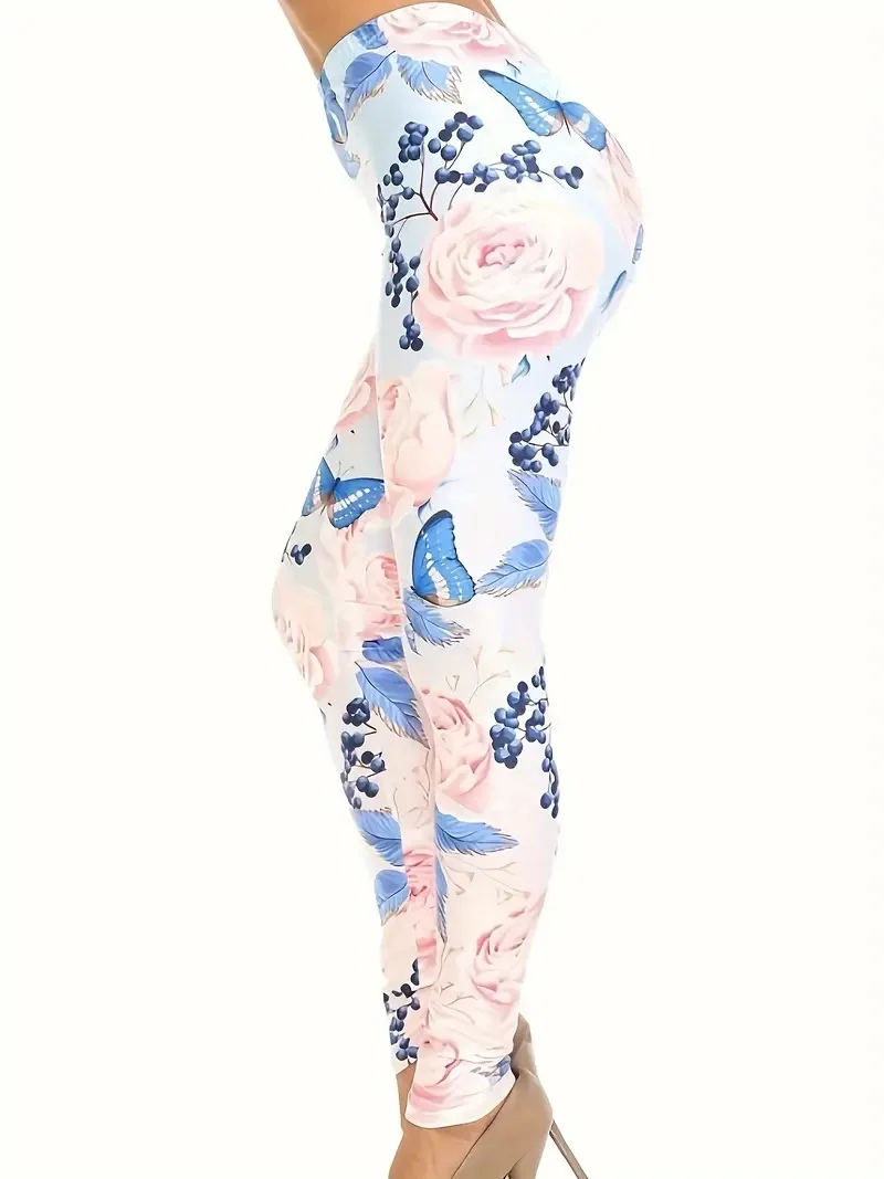 Flower  print Rest tight stretch elastic waist comfortable slim fit work daily travel Wearing women\'s leggings