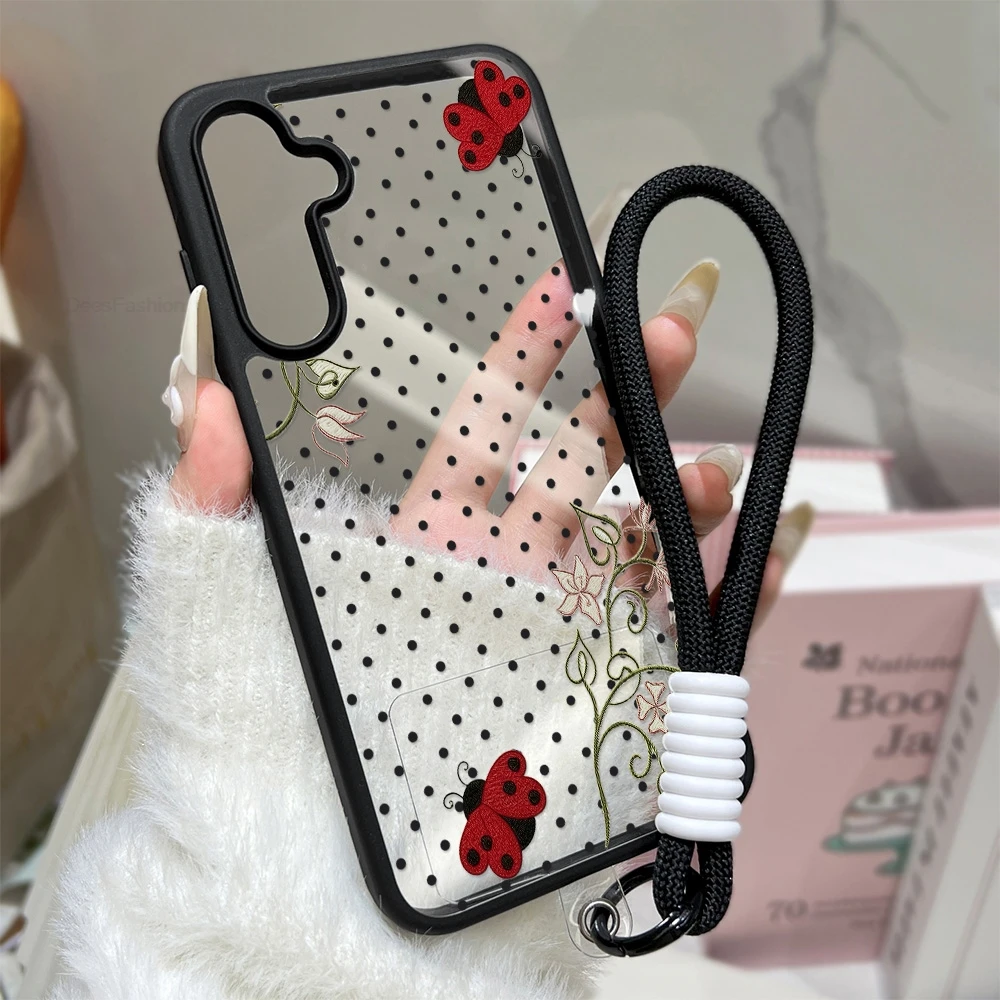 Polka Dot Ladybug Floral Clear Phone Case For Samsung S25 S26 Ultra S24 S23 FE A57 A56 A37 A26 A17 A06 A07 A16 A05 A36 A55 Cover