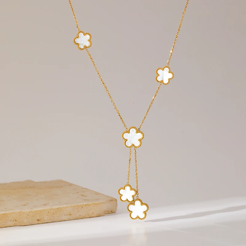 GANEMLY 316L Stainless Steel Five Leaf Clover Pendant Necklace For Women Trendy Reversible White Flower Jewelry Holiday Gifts - Image 6