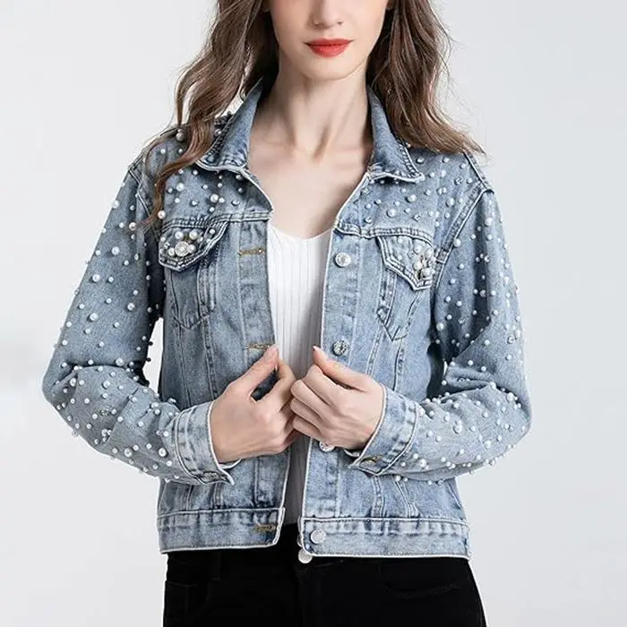 

Casual Pearl Denim Coats Women Jacket Rhinestone Cotton Outdoor Jackets Denim Outerwear Cowboy Overcoats Y2k Streetwear Coats