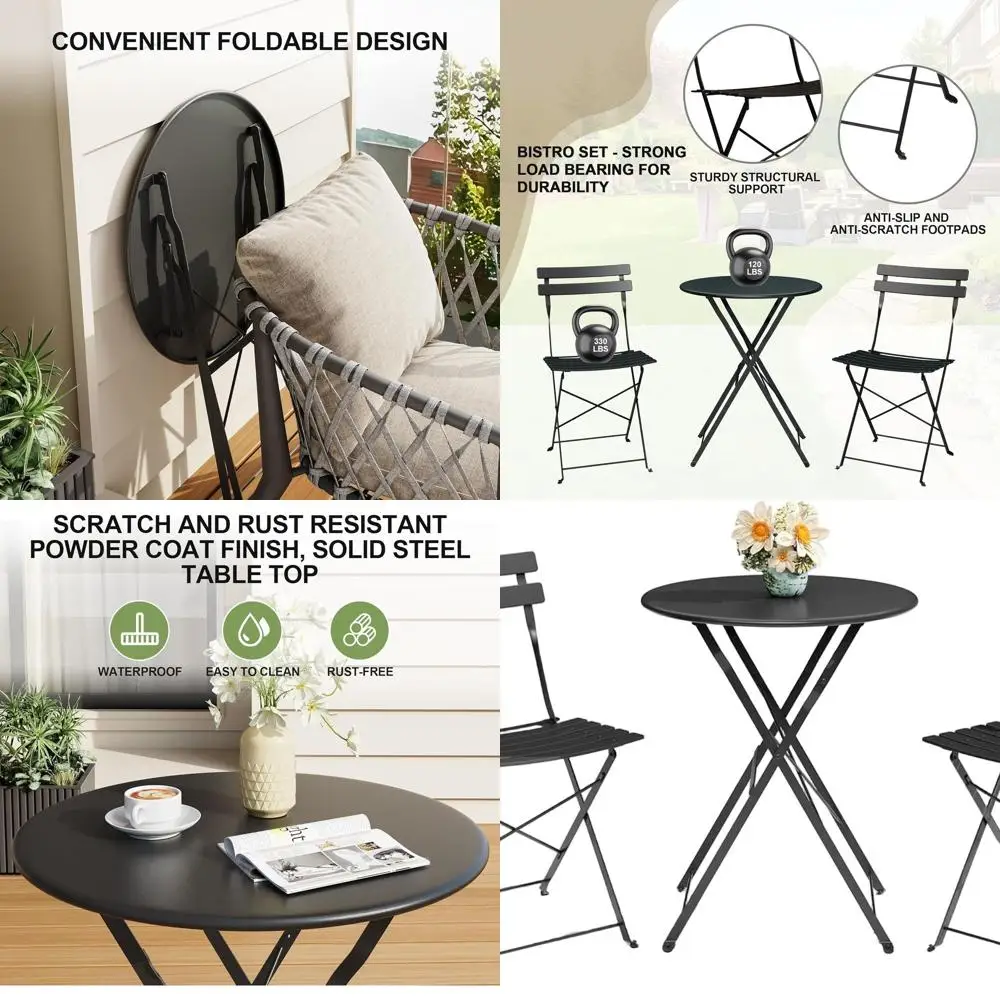 

3-Piece Outdoor Patio Set with Round Table and Folding Chairs, Ideal for Small Balconies, Black