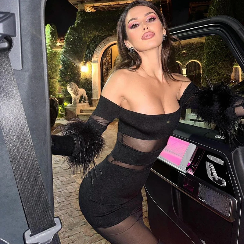 Sexy Strapless Sheer Mesh Spliced Feathers Dress For Women Slash Neck Long Sleeves High Waist Slimming Dresses Female