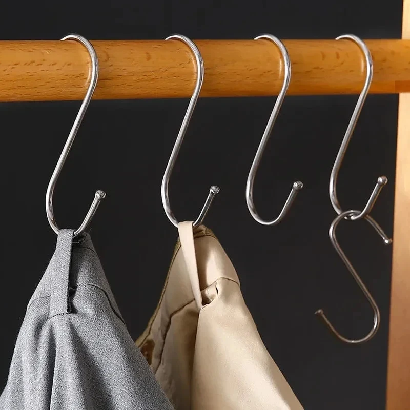 10-60pcs Stainless Steel S Hooks with Sharp Tip Utensil Meat Clothes Hanger Hanging Hooks for Butcher Shop Kitchen Baking Tools