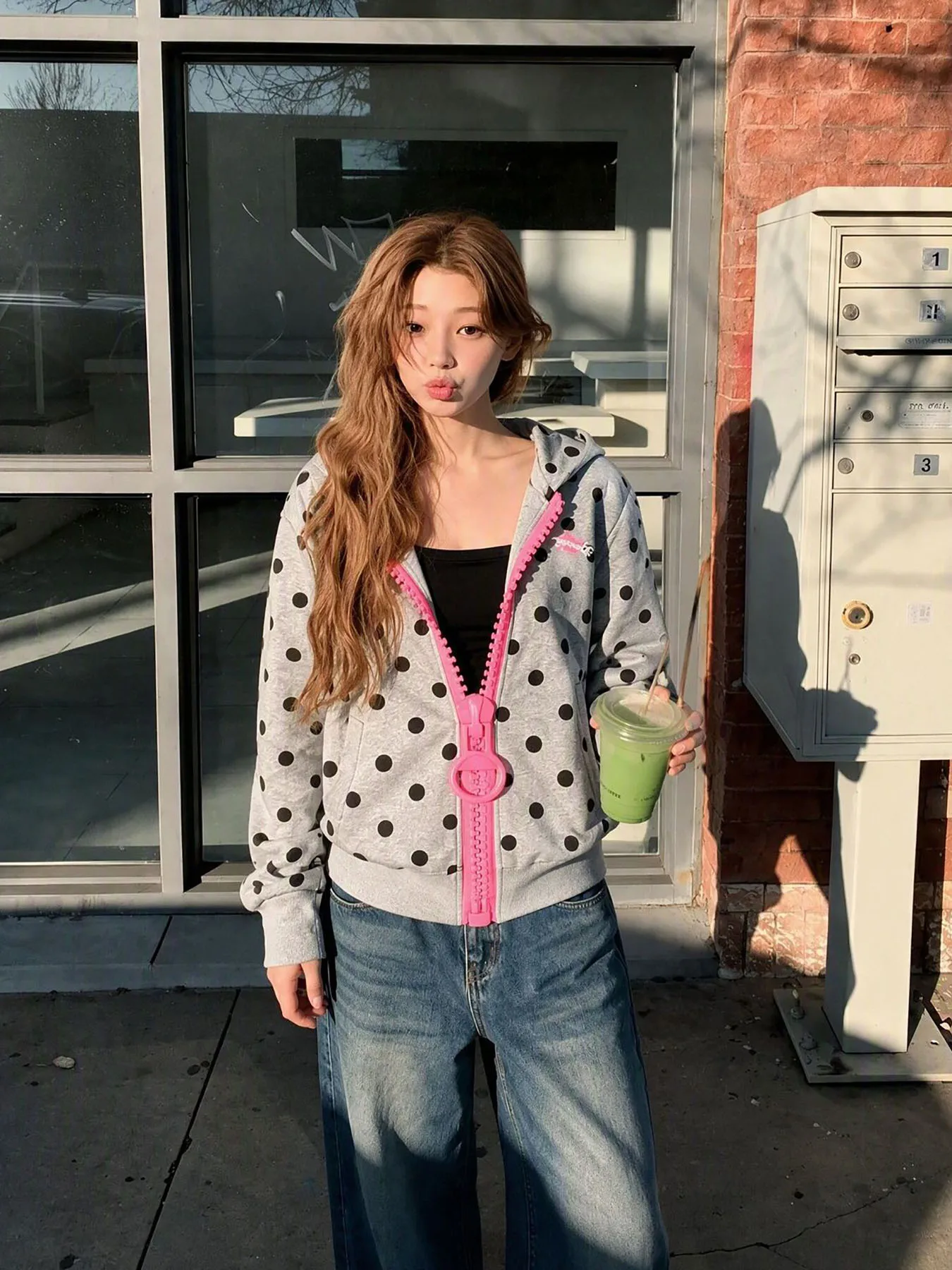 2026 Spring Summer Y2K Polka Dot Zip Up Hoodie Pink Contrast Zipper Loose Long Sleeve Casual Street Sweatshirt for Women
