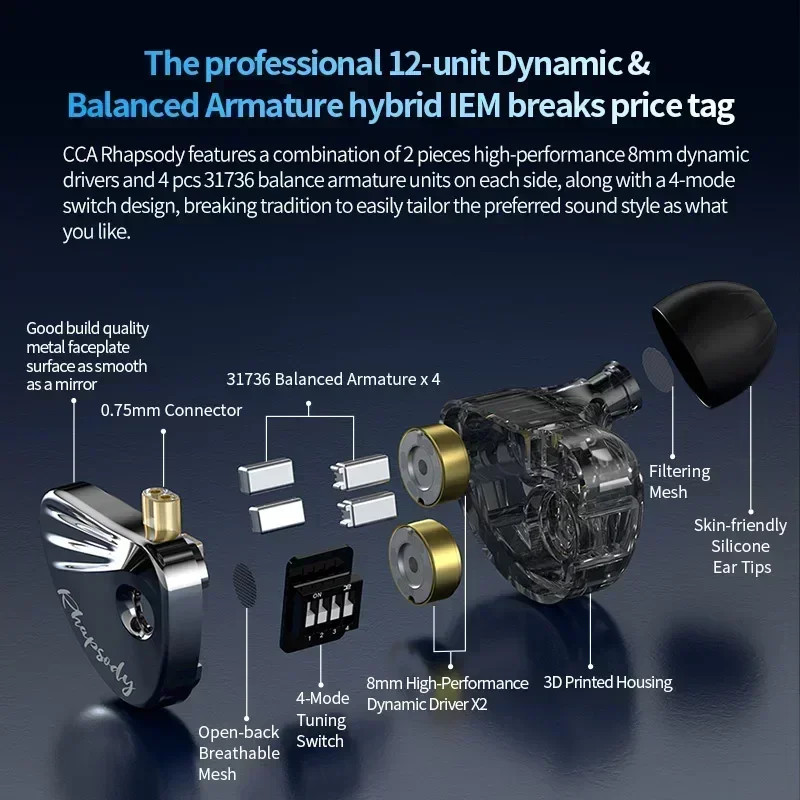 CCA Rhapsody 2DD + 4BA Earphone HiFi Musik IEM Headphone Hibrida Kabel Speaker Mini dengan Kabel Dapat Dilepas untuk Audiophiles Musisi CCA