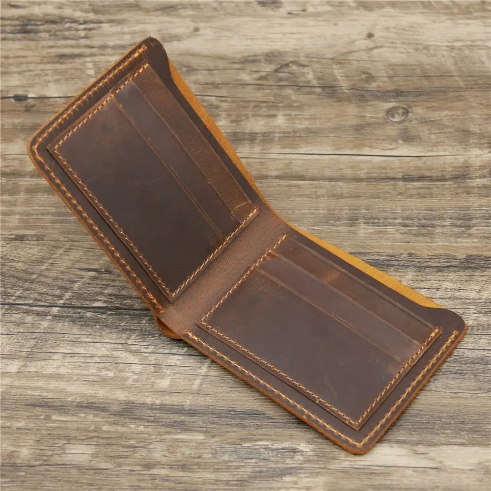 2025 New Trendy Men's Wallet Purse Vintage Brown Crazy Horse Genuine Cow Leather Card Wallets Retro Classic Oil Waxed Design