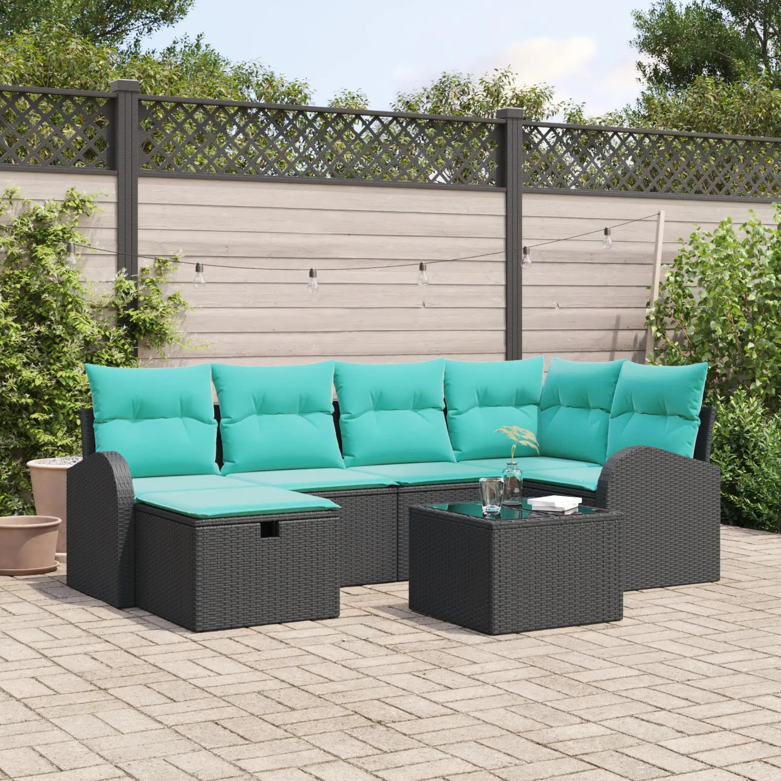 

7 Piece Rattan Garden Sofa Set with Cushions Black Outdoor Furniture Comfortable Seating