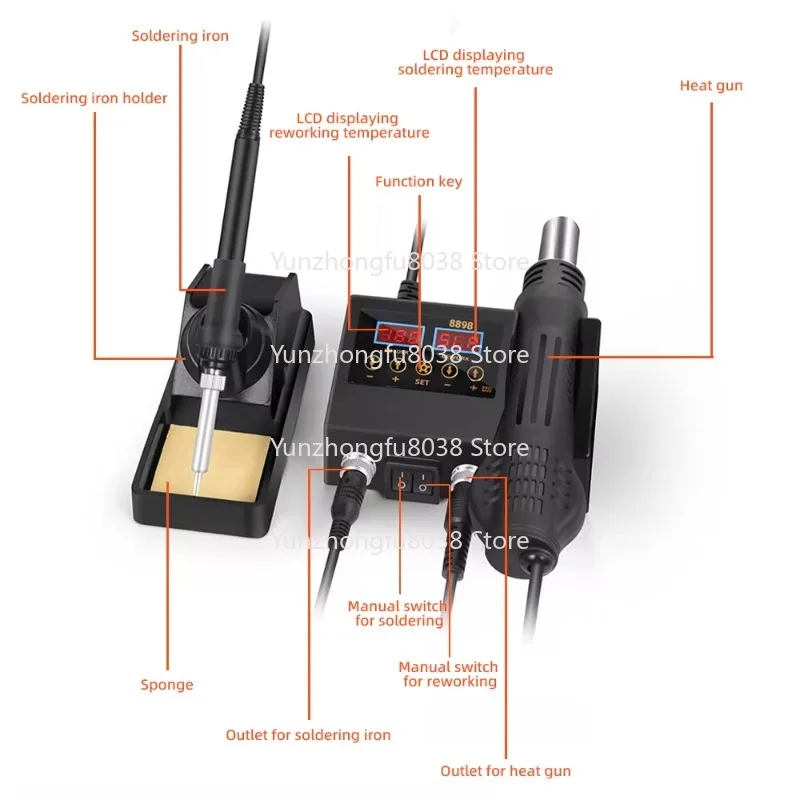2 in 1 Multifunctional Welding Station Soldering Iron Hot Air Gun, Adjustable Temperature and Air Volume