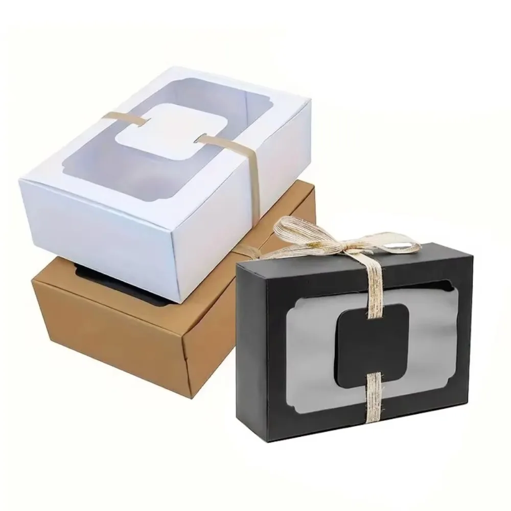 

12PCS Kraft Paper Cake Boxes with PVC Clear Window Portable Pastries Bakery Cupcakes Boxes DIY Rectangle Gift Packaging Box