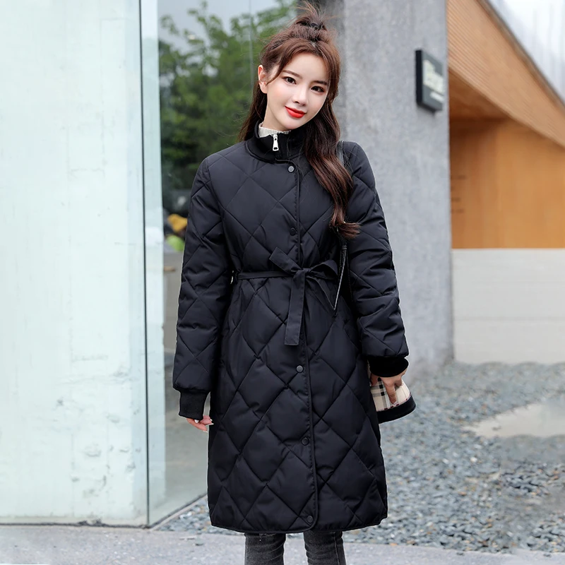 

Women's Parkas Thick Cotton Padded Outerwear Casual Coats 2024 Winter Solid Long Jacket Female Stand Collar Overcoat with Sashes