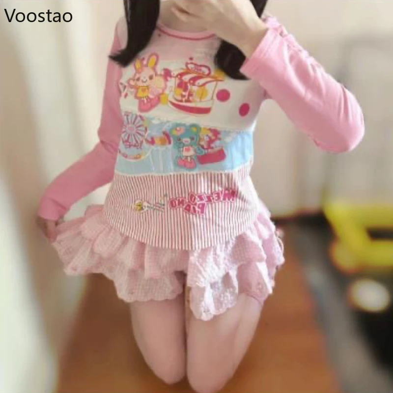 หวานน่ารักLolita Crop Topผู้หญิงKawaii Harajukuการ์ตูนพิมพ์เสื้อยืดแขนยาวสาวฤดูใบไม้ร่วงY2kความงามGrunge Fairy Tees