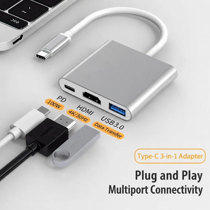 Type-C To HDMI 3-in-1 Expansion Hub 4K Ultra HD Transfer Cable Smartphone Laptop Video Converter High Definition Signal Extender