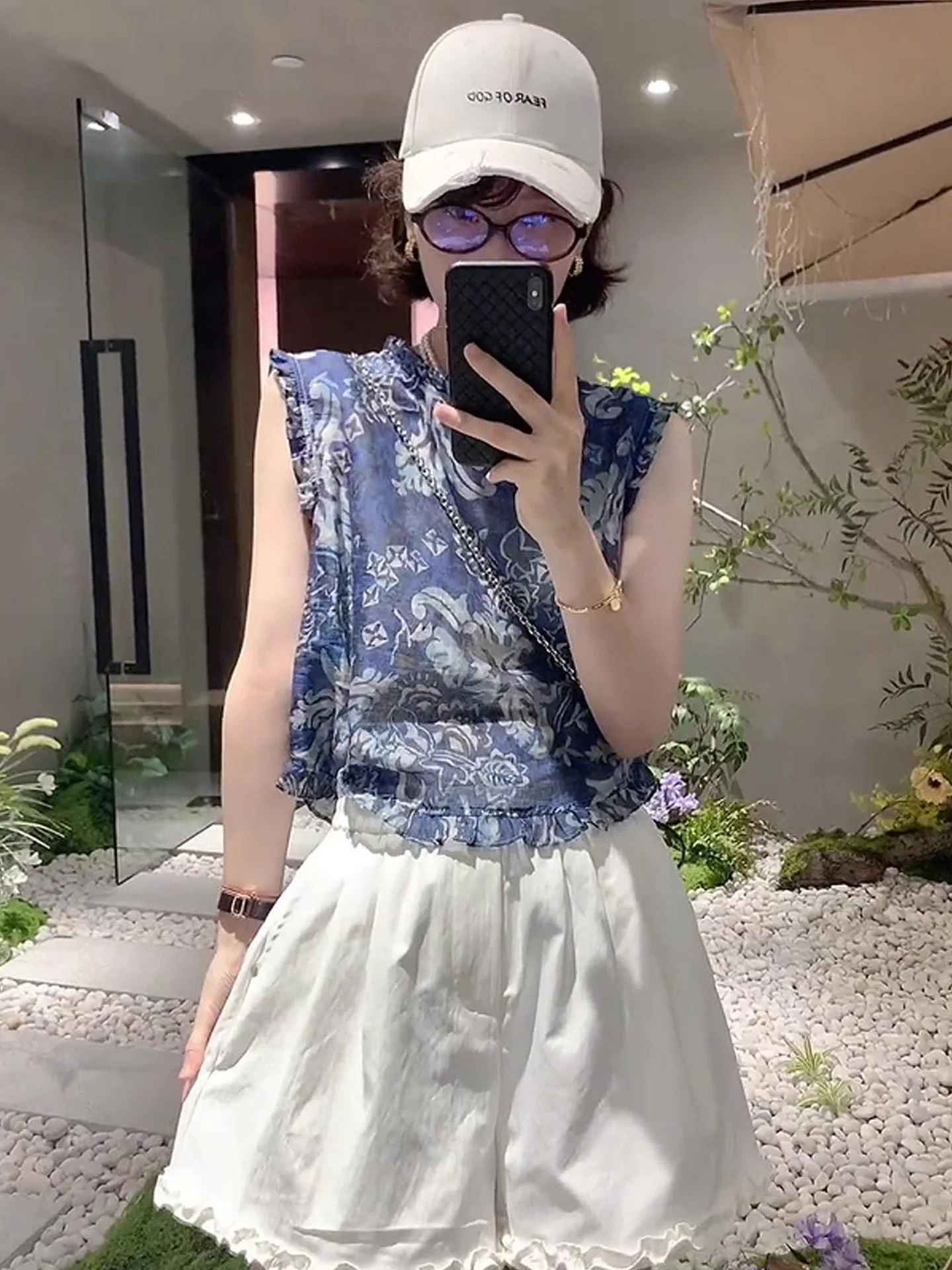 

Retro Unique Beautiful Floral Print ort Svel round Ne irt Women's Summer New Sle Korean Version Slim Fit Chiffo...