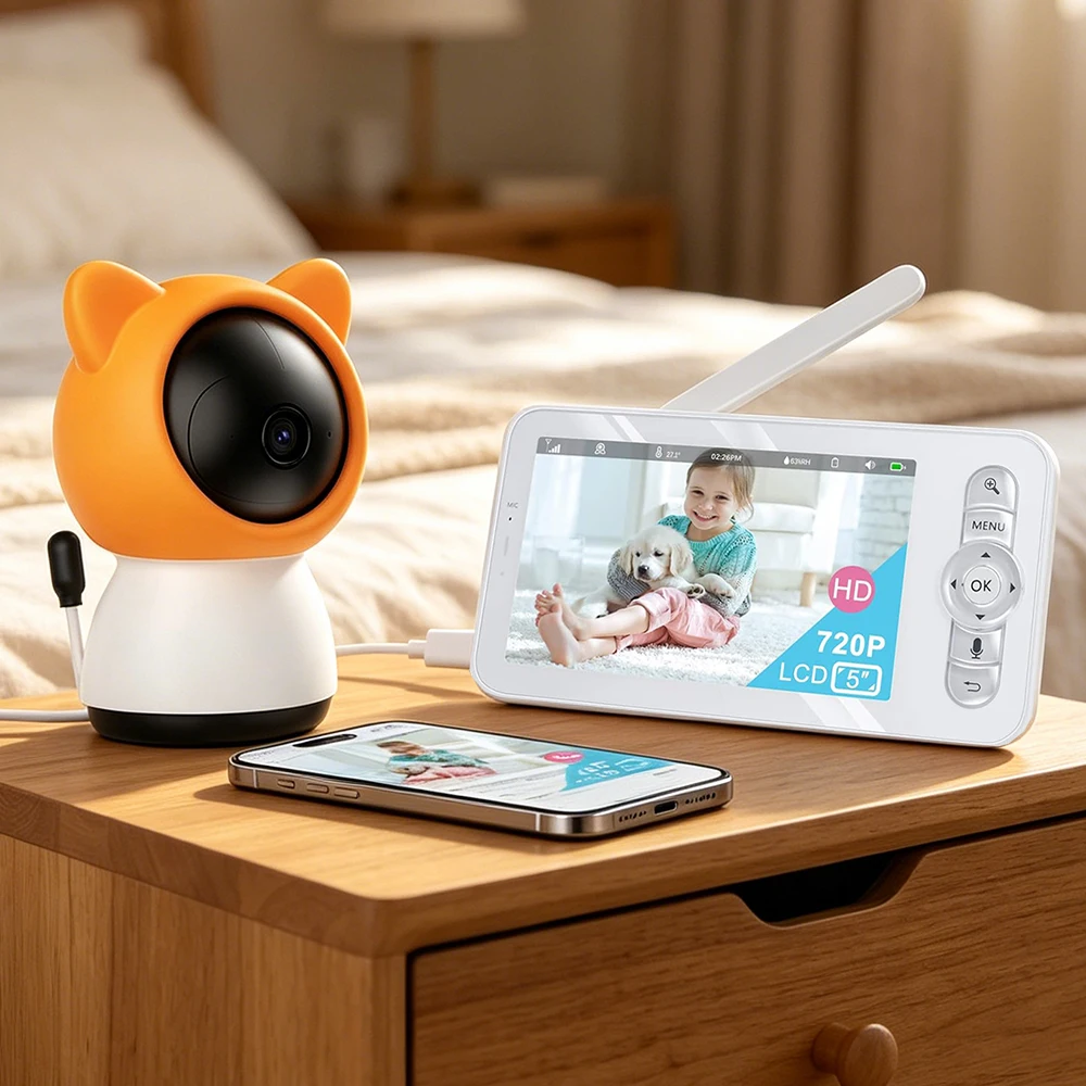 Monitor de Bebê WiFi de 5 Polegadas com Controle Remoto via APP, Câmera PTZ com Zoom 4X, Comunicação Bidirecional, Visão Noturna Automática, Câmeras para Babá