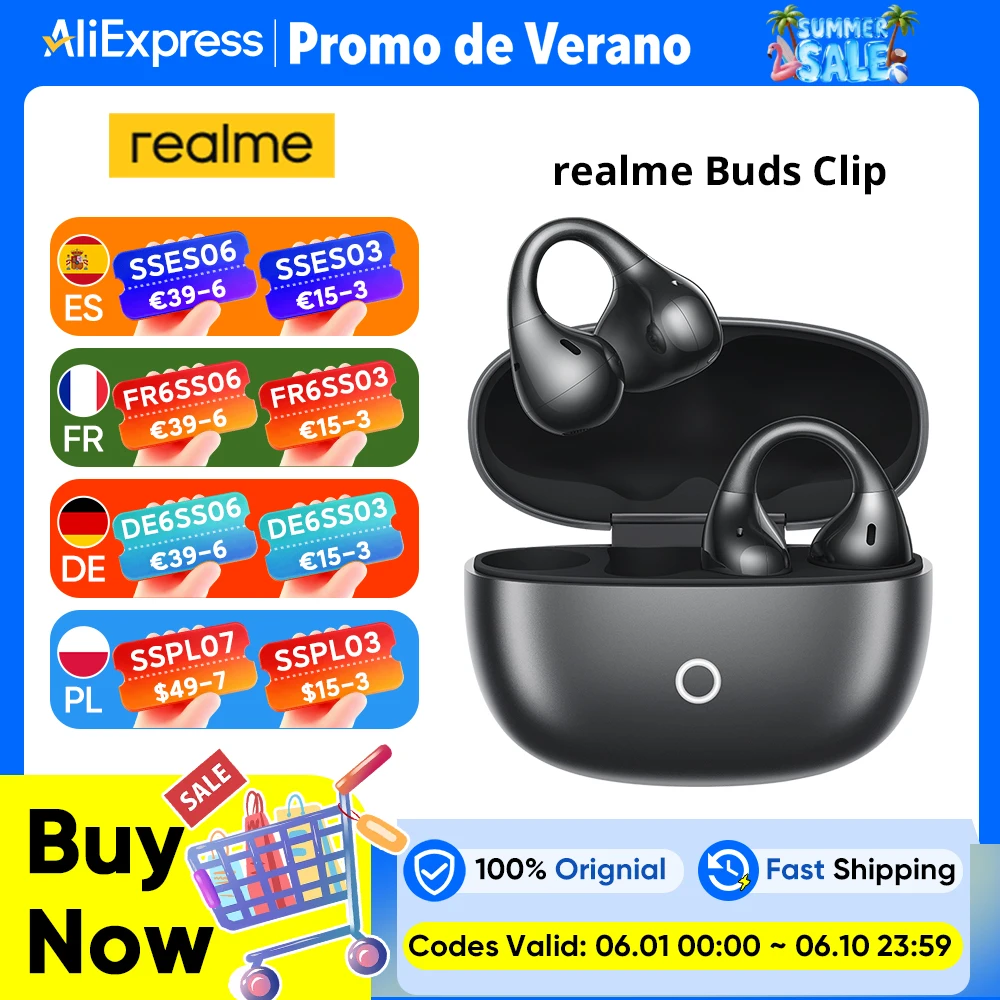 Versión global Auriculares realme Buds Clip Diseño Titanium-Fit 5,3 g Ligeros como el papel Algoritmo NextBass Traductor Al Sonido potente