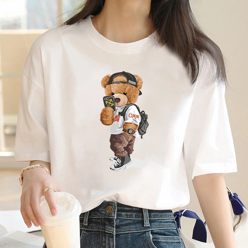 Cute Selfie Bear Print Y2k T-shirt For Women\'s Summer Oversized Ladies Short Sleeved Tees Clothing Loose Pure Cotton Soft Tops