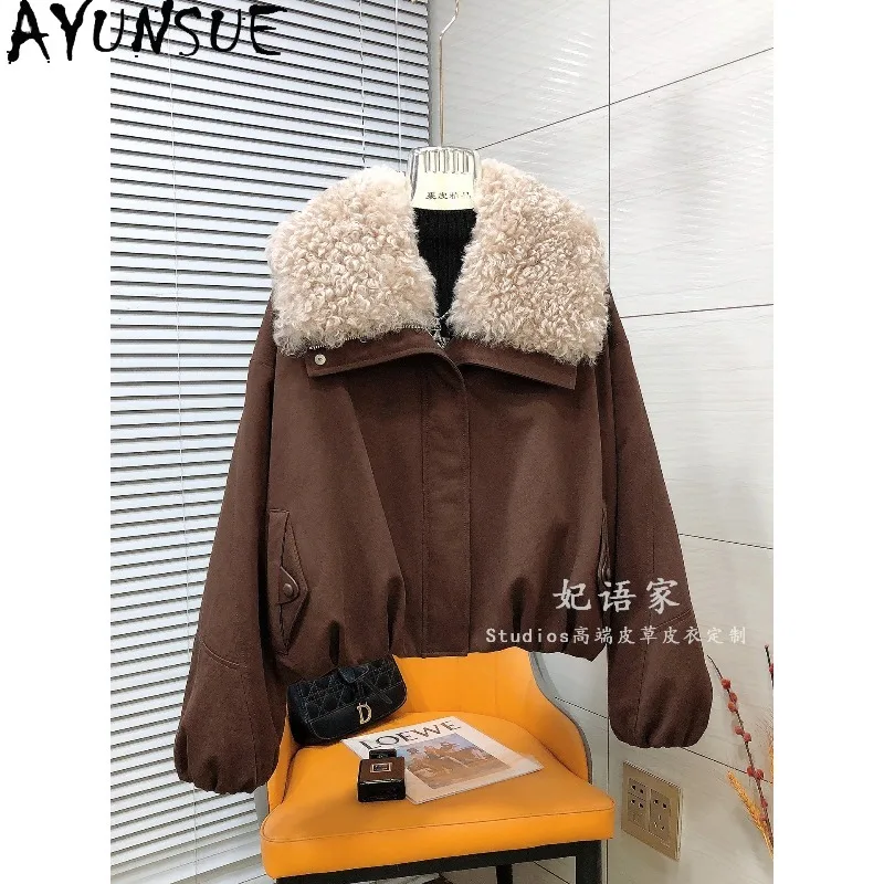 AYUNSUE Women's Down Coats and Parkas Fashion Lamb Shearling Collar Winter Coat Short Goose Down Jacket Woman Clothes Пуховик