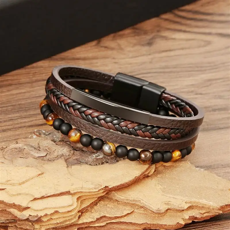 Hot Sale High Quality Leather Bracelet Men Classic Fashion Tiger Eye Beaded Multilayer Leather Bracelet For Men Jewelry Gift