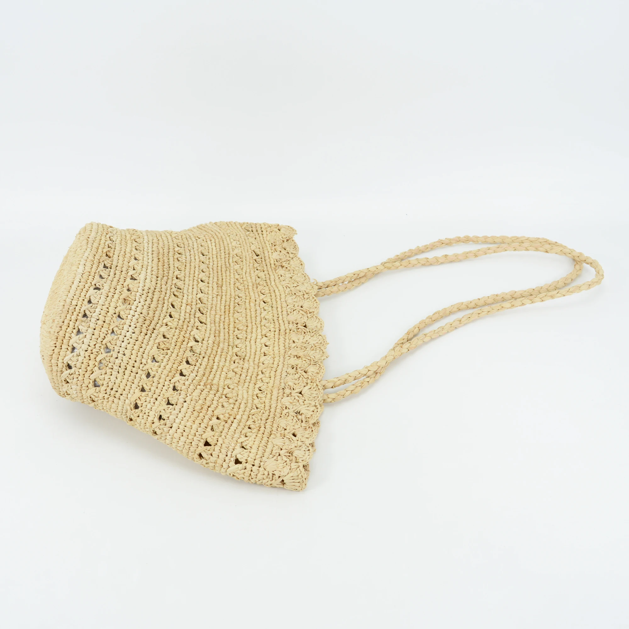 Handmade Crocheted Natural Raffia Shoulder Bag Hollow Out Design