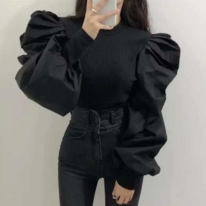 Korean Ins Court Style Round Neck Threaded Splicing Design with Closed Mouth Bubble Sleeves Slim Fit Shirt Top for Women