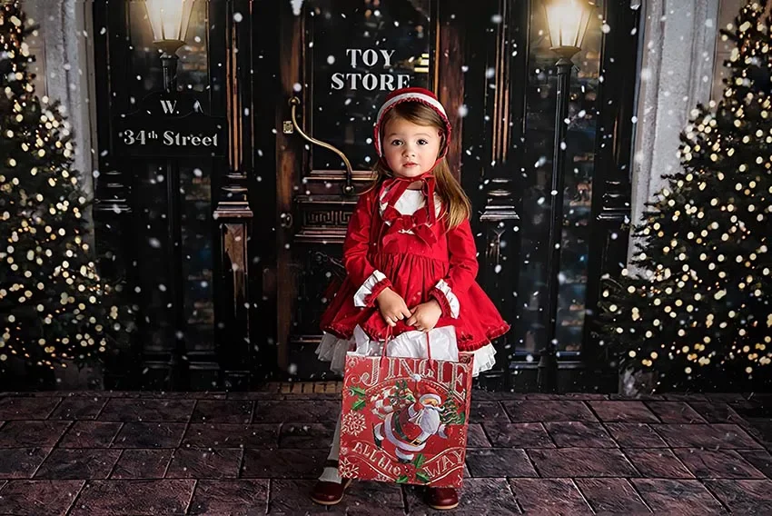Merry Christmas Photography Background Winter Snow Christmas Tree Toy Store Street for Children Portrait Backdrop Photo Studio