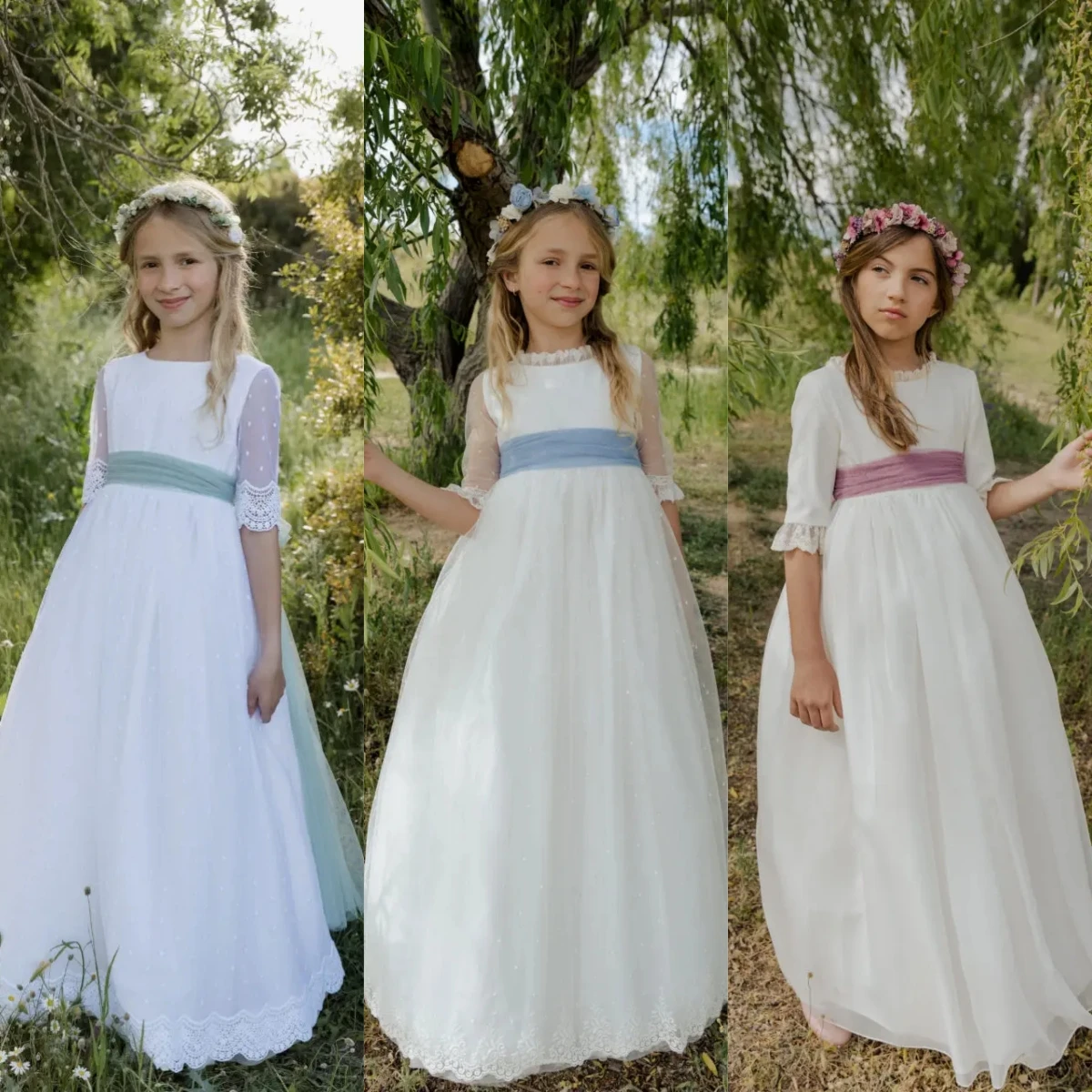 Abito da ragazza di fiori Elegante abito idilliaco da prima comunione con fiocco e fascia in tulle bianco Abiti da sposa Festa di compleanno per bambini Personalizza abiti