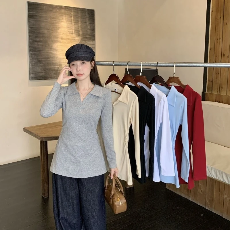 Frauen Herbst Langarm Top Stilvolle Kragen Plissee T Schulter Fit Abnehmen Bauch Abdeckung Design Lässige Mode Bluse ​