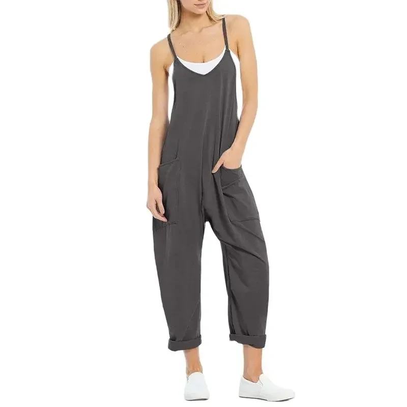 Comfortable Casual Knitted Cotton Linen Jumpsuit Women Solid Color Loose Splice Large Pockets Rompers Suspenders Straight Pants