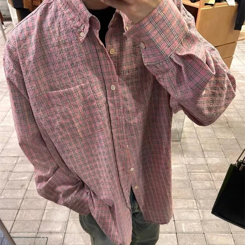 

Pink Checkered Oversized Shirt Street Clothing Slouchy Style Long Sleeve Spring Summer Casual Classic Fashion Best Quality Shirt