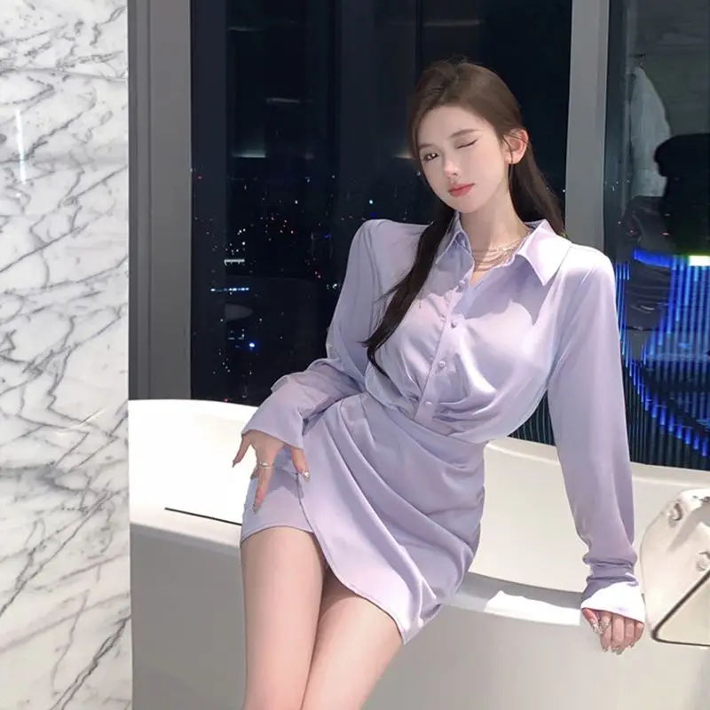 Ele P Purple Satin Long Sve irt Dr Women's Slimming Waist Cinched Bodycon Skirt Spring Autumn Ladylike Sle