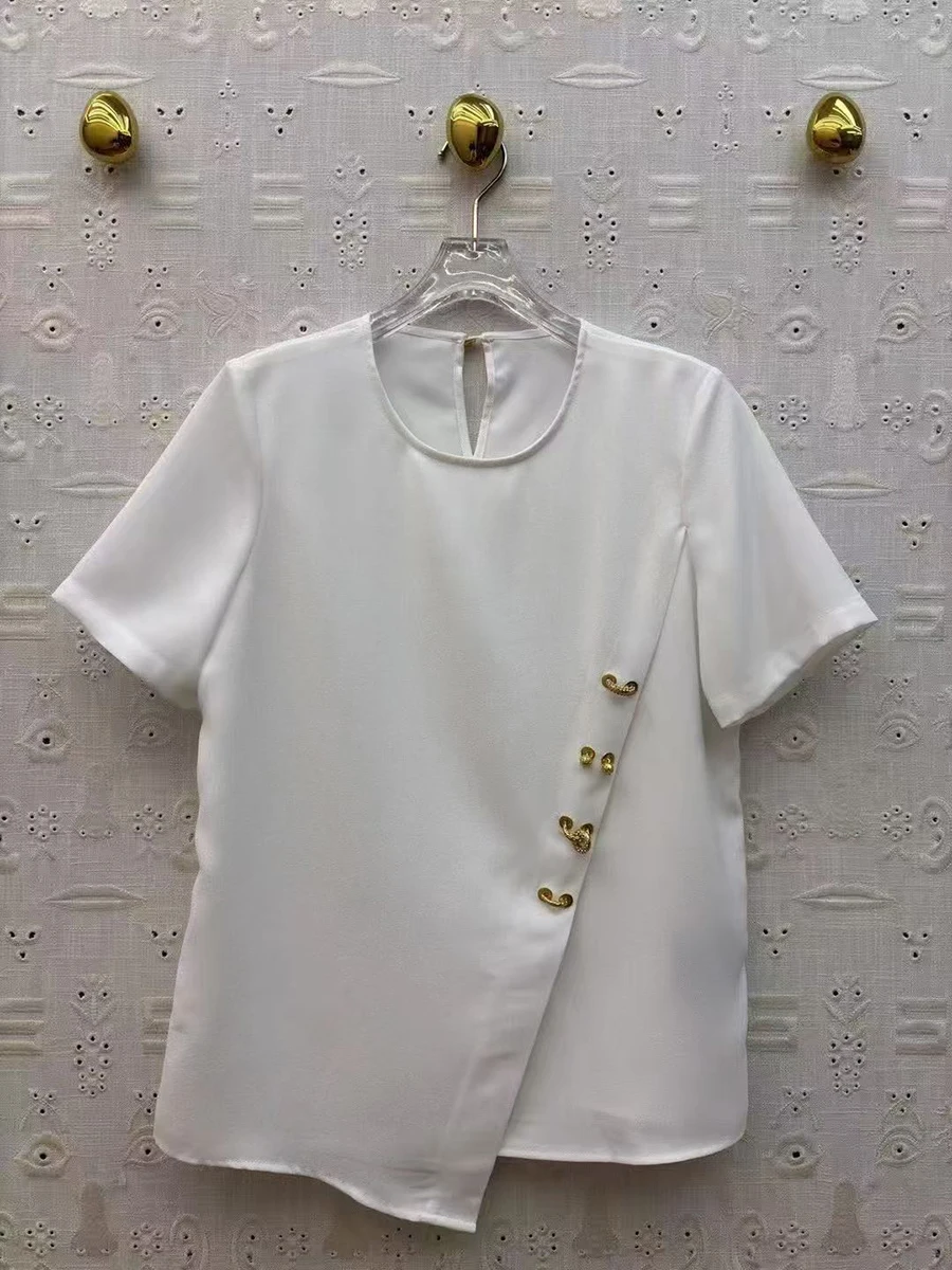 GALCAUR Solid Slimming Spliced Hollow Out Chic T Shirts for Women Round Neck Short Sleeves Irregular Top Female Fashion Style