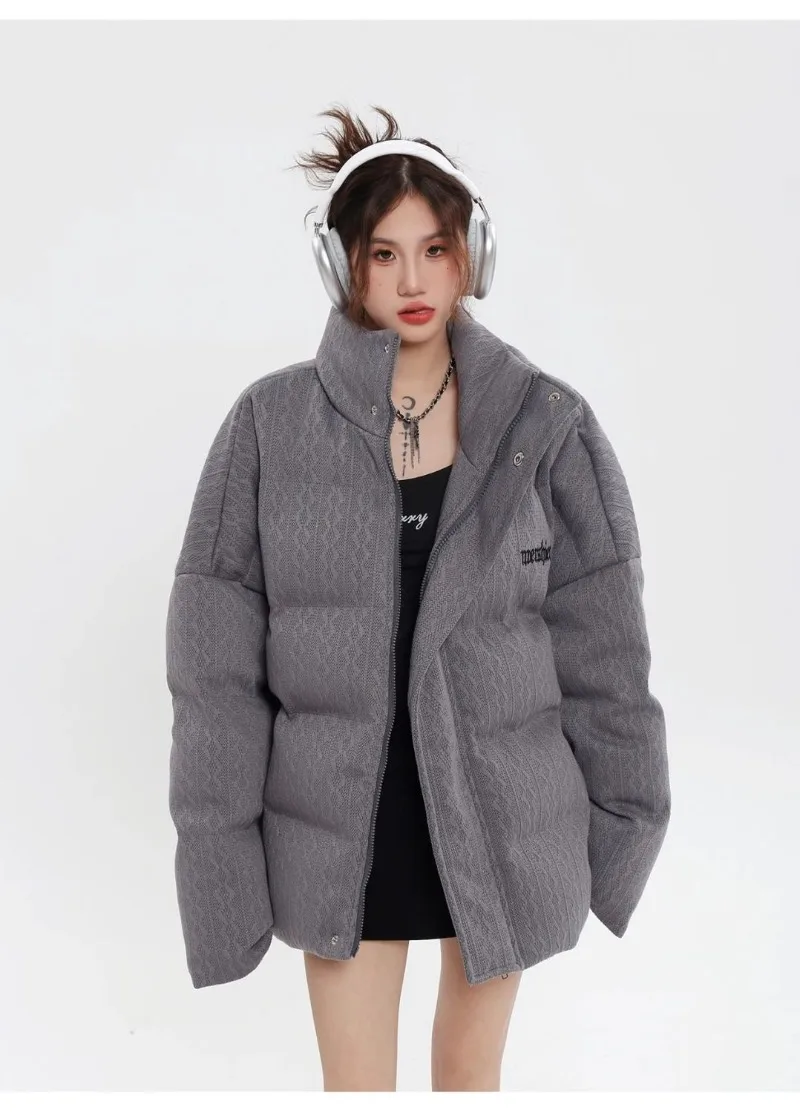 Korean Fashion Streetwear Harajuku Parkas Stand Collar Zipper Loose Long Sleeve Padded Coats Autumn Winter Warm Y2k Jackets