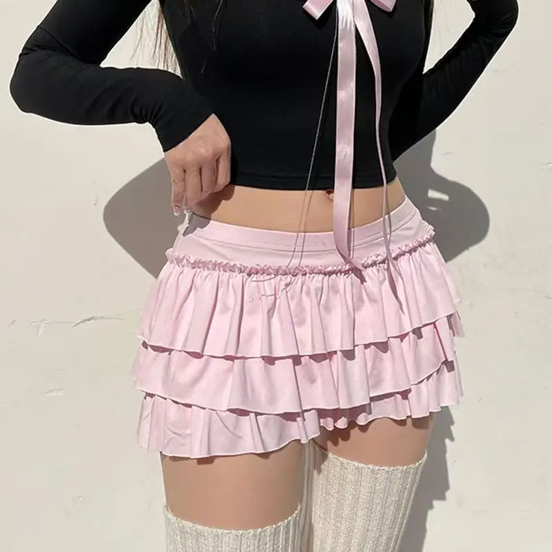 Arco doce a linha saias femininas sexy magro cintura baixa casyal mini saias y2k feminino verão moda streetwear al-match saias rosa