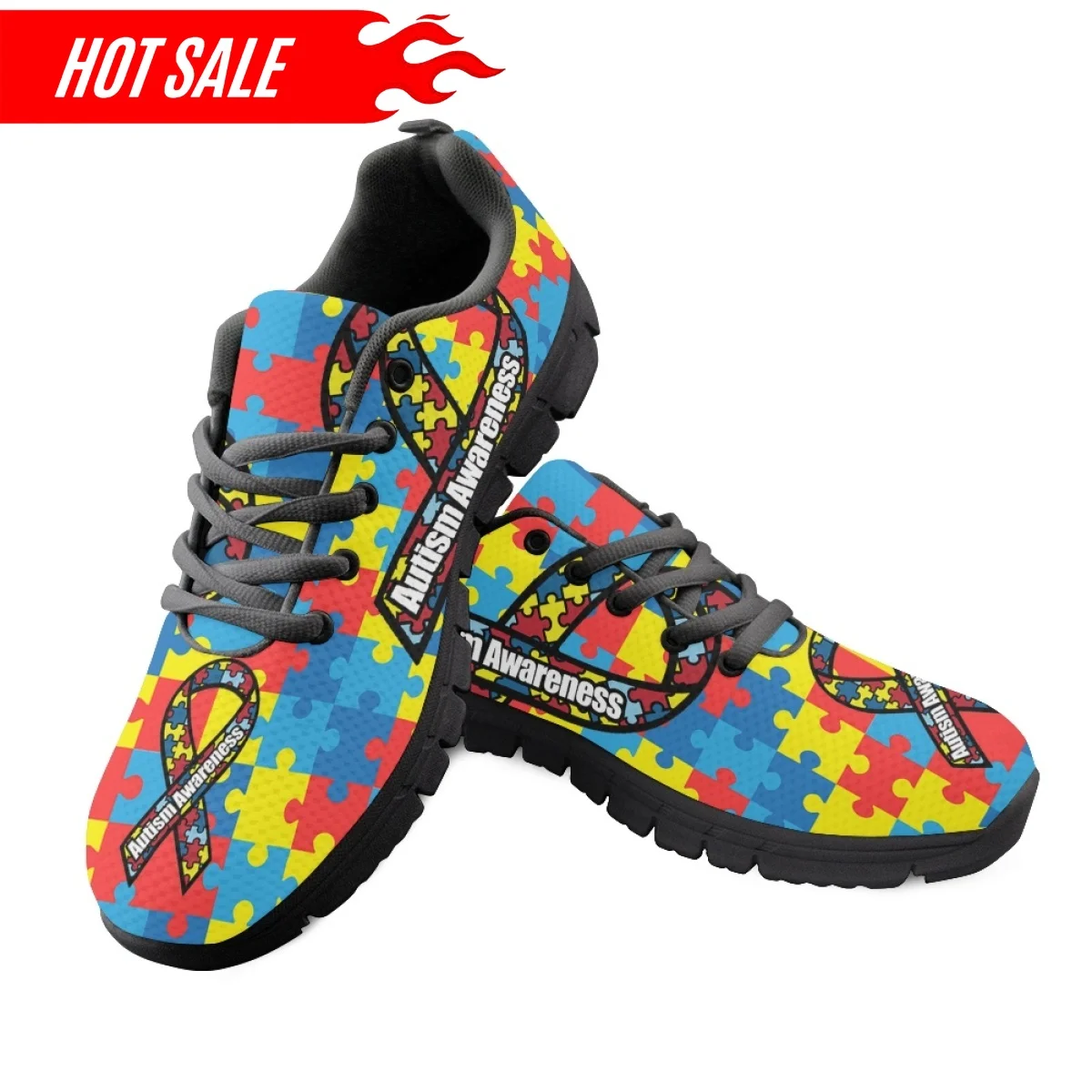 Spring Autumn Flat Shoes AIDS and Autism Cancer Awareness Pattern Women's Lace-up Sneakers Plus Size Athletic Shoes