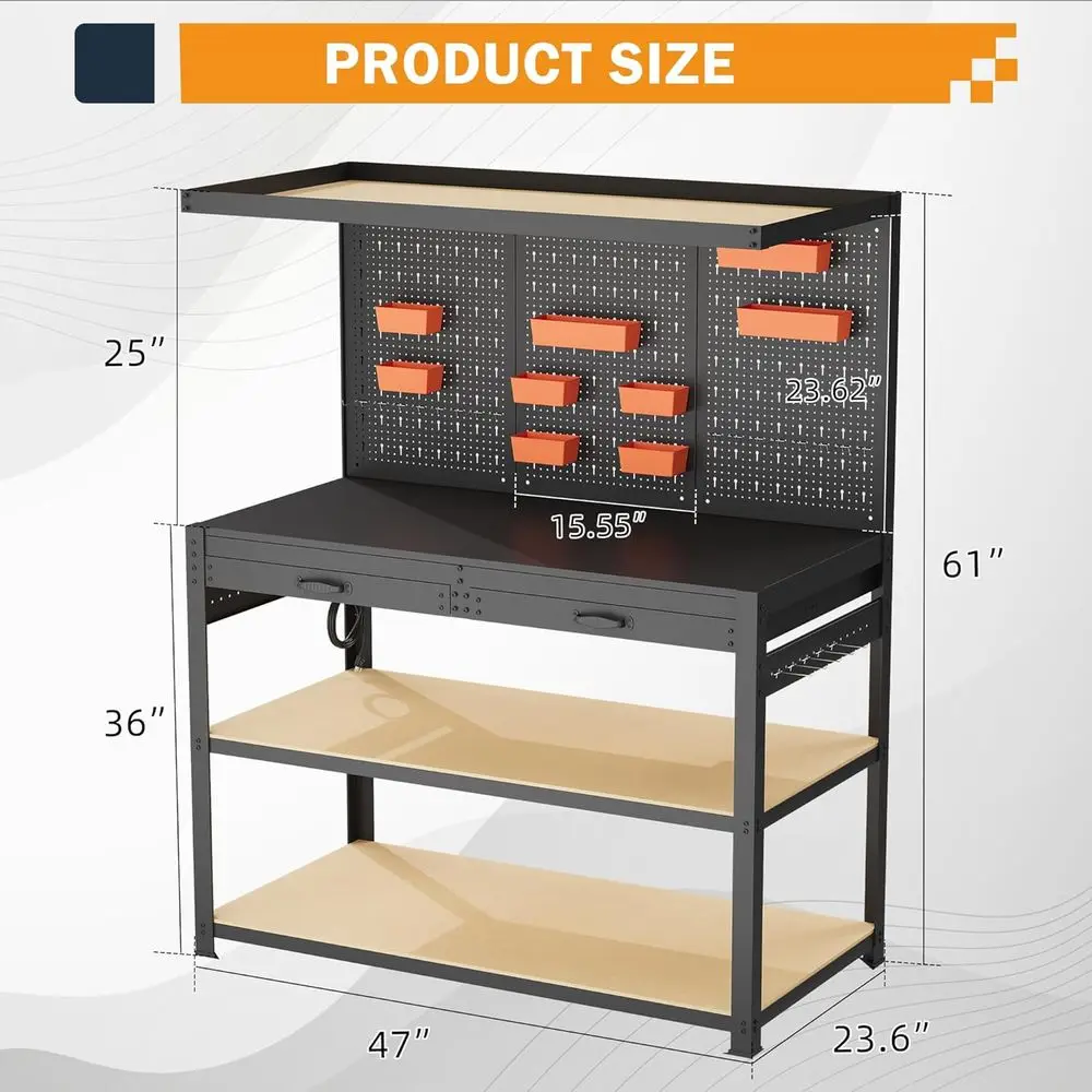 48 Heavy Duty Work Table with Pegboard, Storage Shelf, Power Outlets, Work Bench for Garage, Office, Home