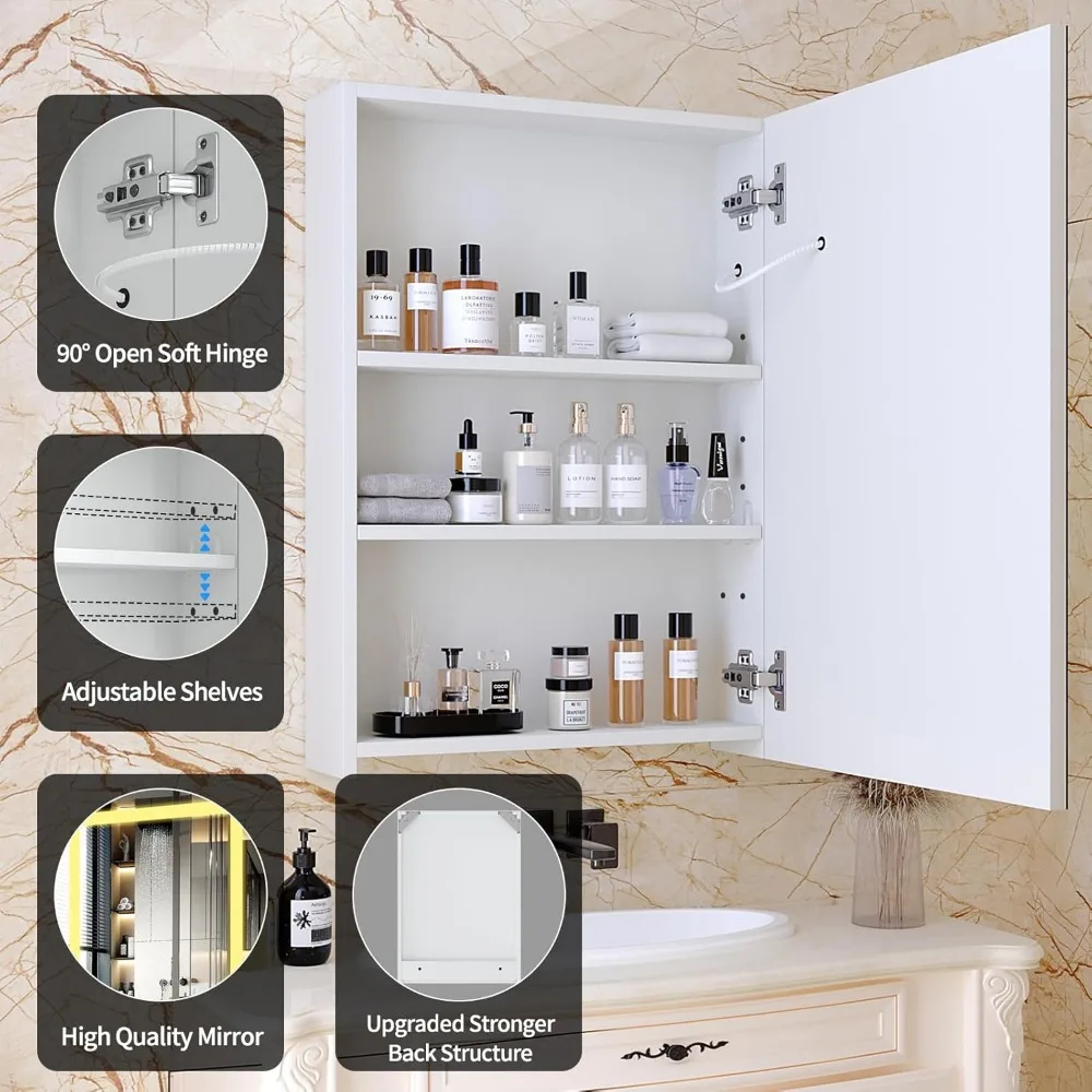 Armoires à pharmacie pour la maison, miroir d'armoire à pharmacie éclairée avec lumières LED, étagère réglable, 3 documents