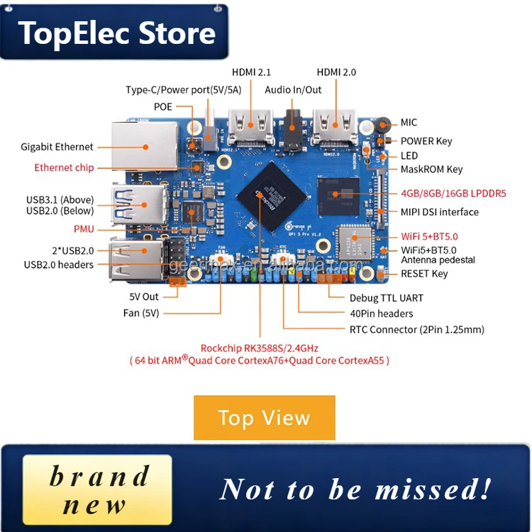 TElec Orange Pi 5 Pro 4GB 8GB 16GB RAM Development Boards LED FAN RTC 89mmX56mmX1.6mm Single Board Computers Pi5 Pro 16G 8G 4G