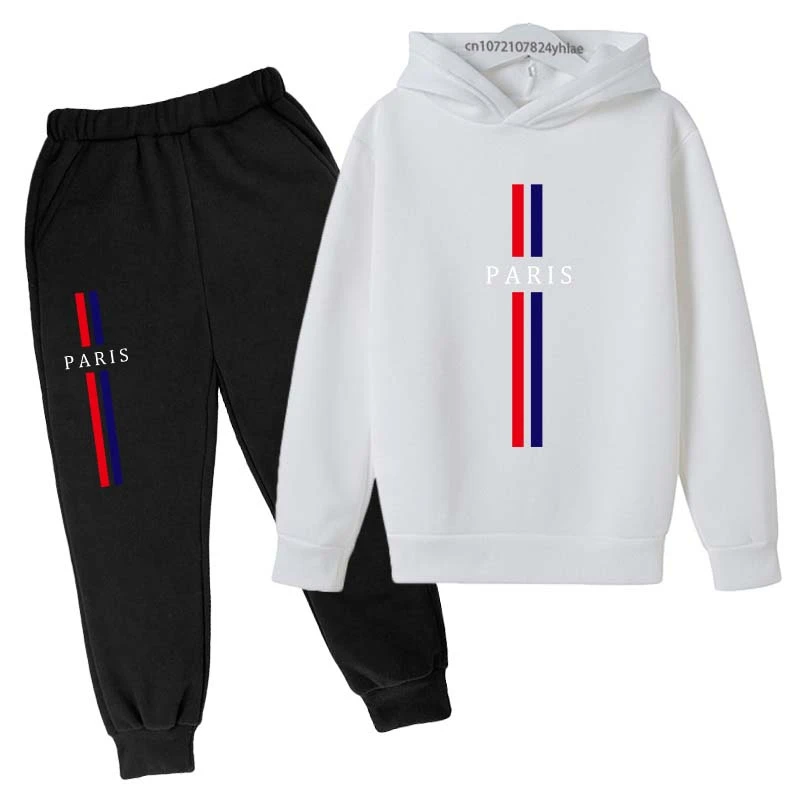 Kids Autumn Spring Casual Paris Print 2pcs Hoodie+Pants Tracksuits 2-13Years Boys Girls Fashion Streetwear Children Clothes Sets