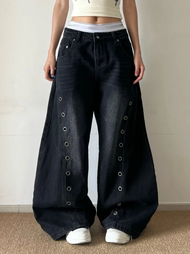 2025 Cyber Y2K Streetwear Metal Buckle Design Black Baggy Women's Jeans Pants For Woman Clothing Wide Leg Cotton Long Trousers
