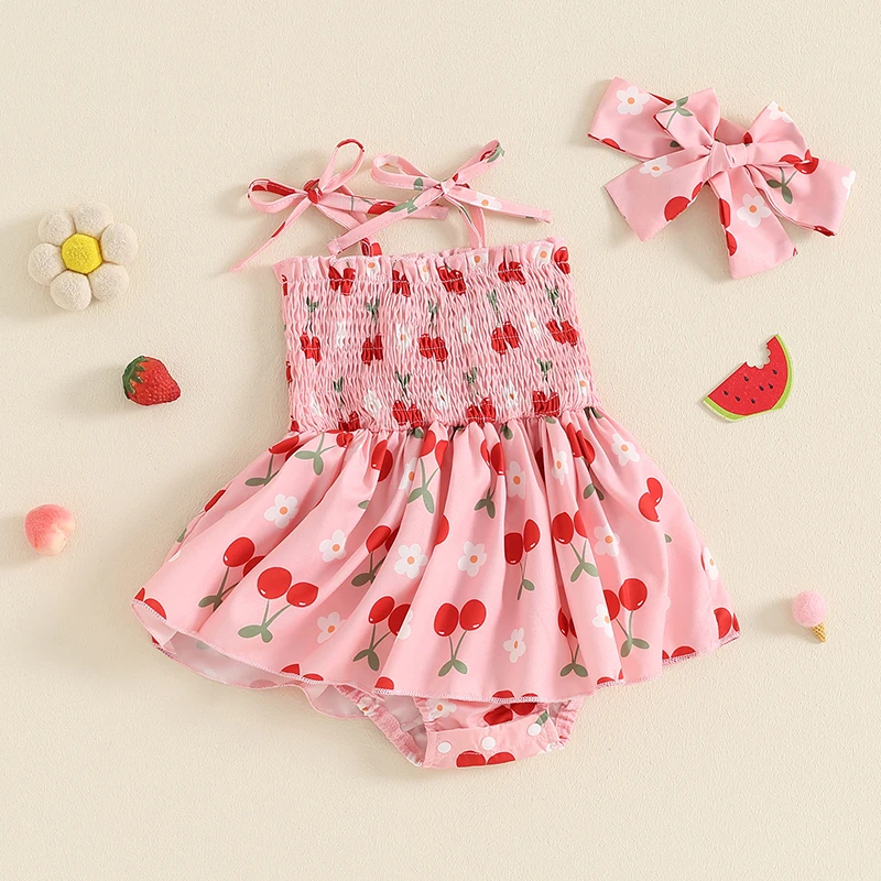 

Suefunskry Sweet Baby Girl Summer Outfits Cute Sleeveless Tie Strap Cherry Print Romper with Headband Set Newborn Clothes