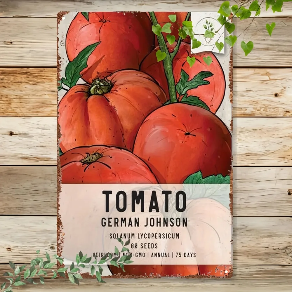 Vintage German Johnson Tomato Seed Metal Sign, Durable Aluminum Red Vegetable Decor for Home Kitchen, Non-GMO Seed Saver