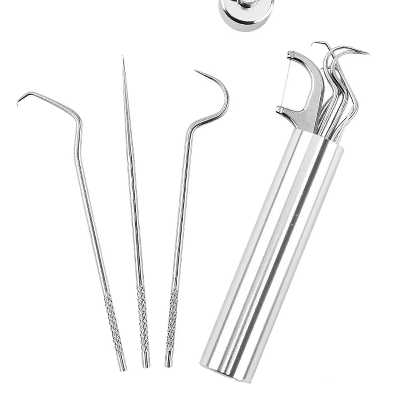 4 قطعة/المجموعة الفولاذ المقاوم للصدأ مسواك فلوسر مجموعة قابلة لإعادة الاستخدام خيط تنظيف الأسنان تخزين صغير مسواك برميل المحمولة تنظيف الأسنان أداة #5