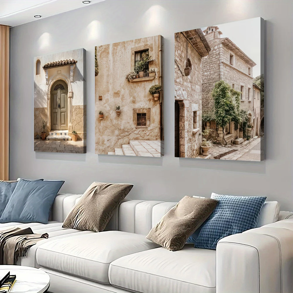 2D Flat,3pcs frameles,3PC, Mediterranean style retro porch canvas decorative painting, European architectural art, living room e